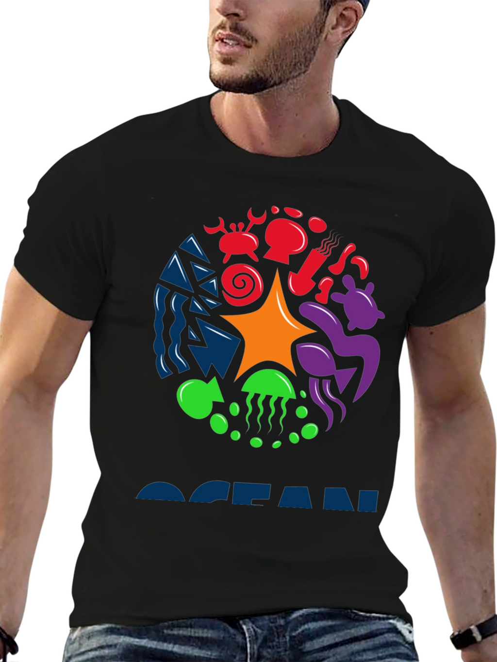 Ocean Life Graphic Tee - Black Cotton T-Shirt
