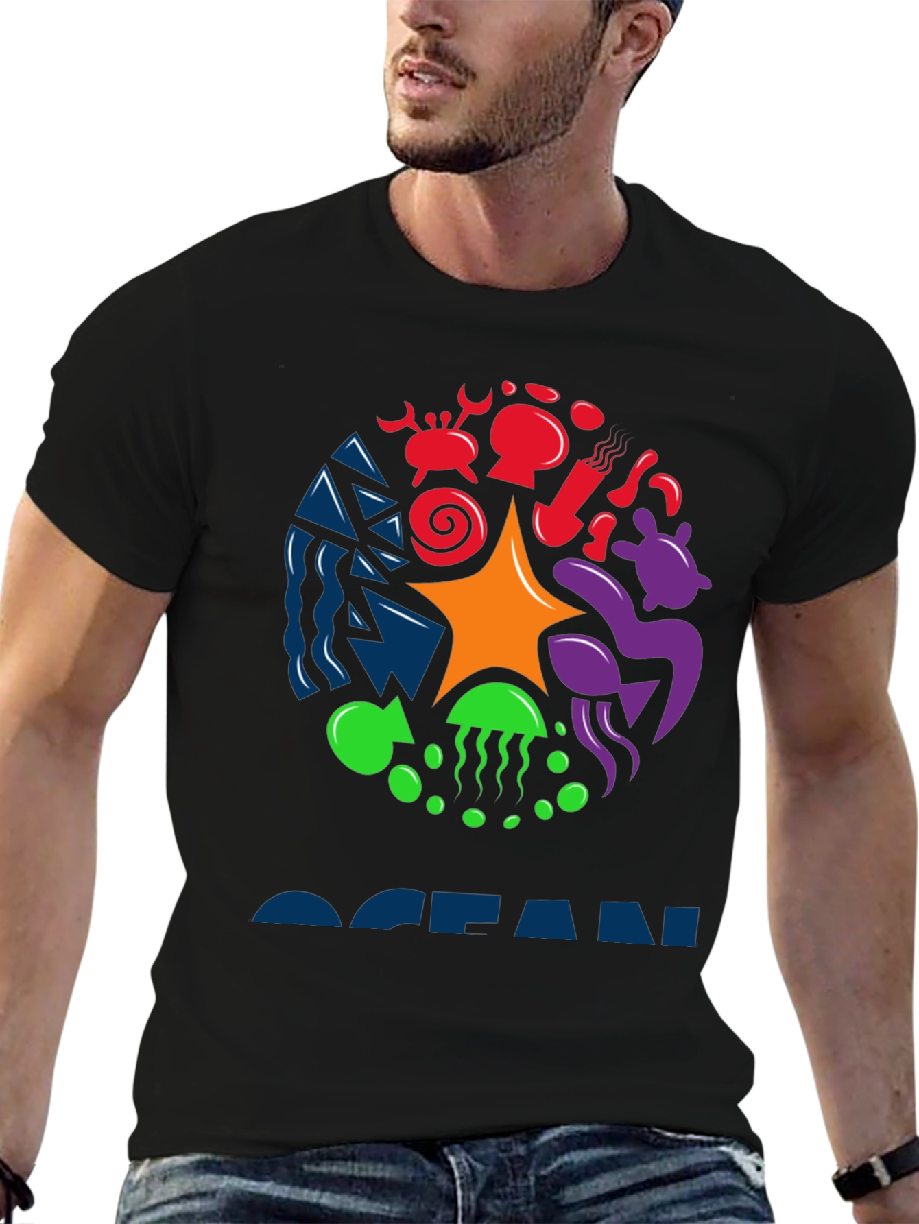 Ocean Life Graphic Tee - Black Cotton T-Shirt