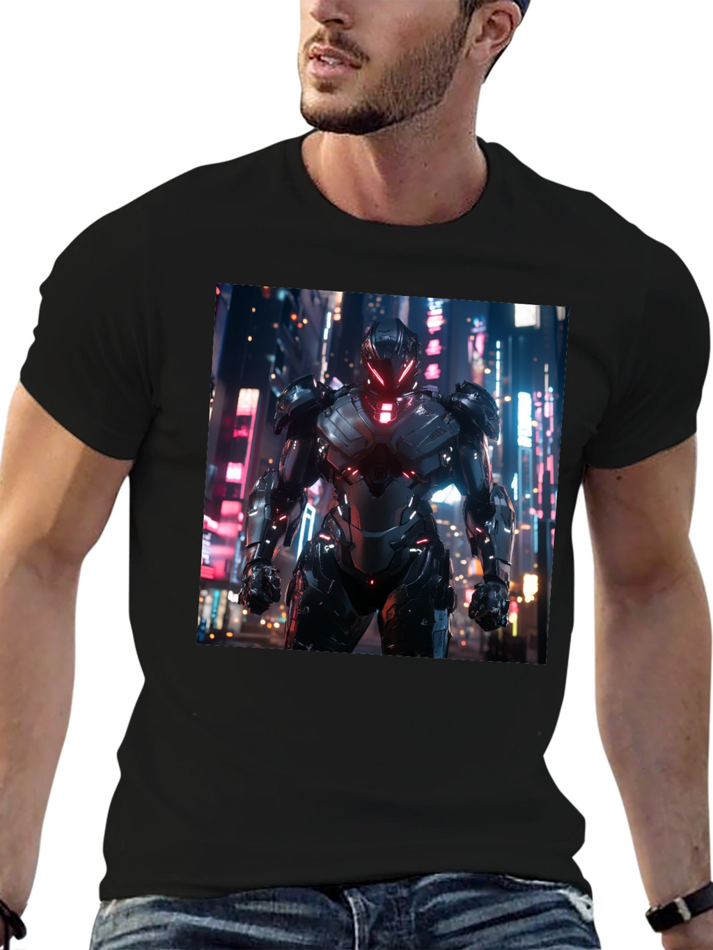 Sci-Fi Armor Graphic T-Shirt - Sleek Black Tee