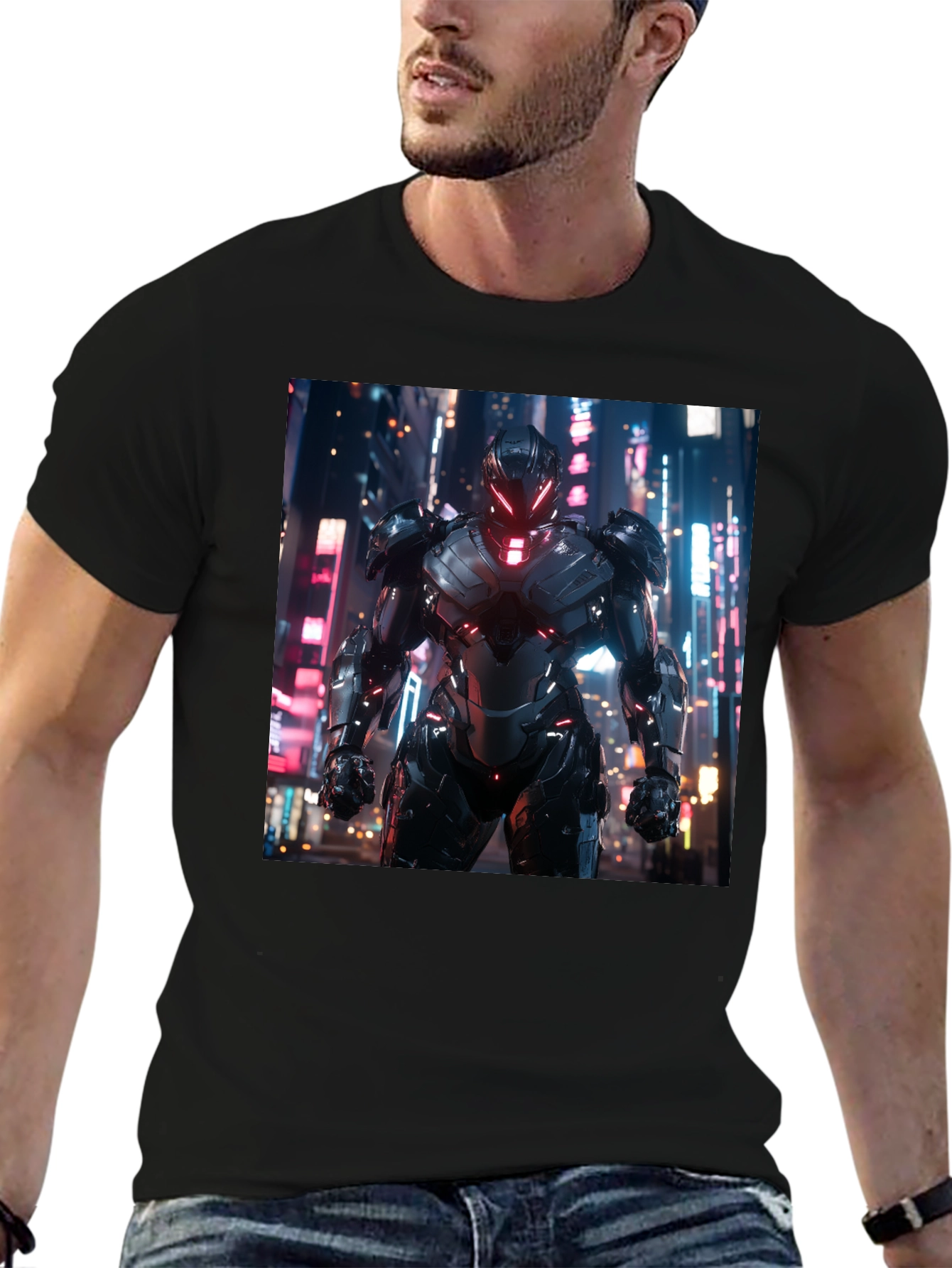 Sci-Fi Armor Graphic T-Shirt - Sleek Black Tee