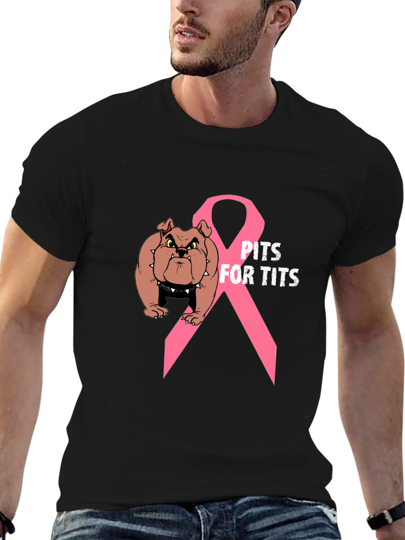 Pits For Tits T-Shirt: Bulldog Breast Cancer Awareness