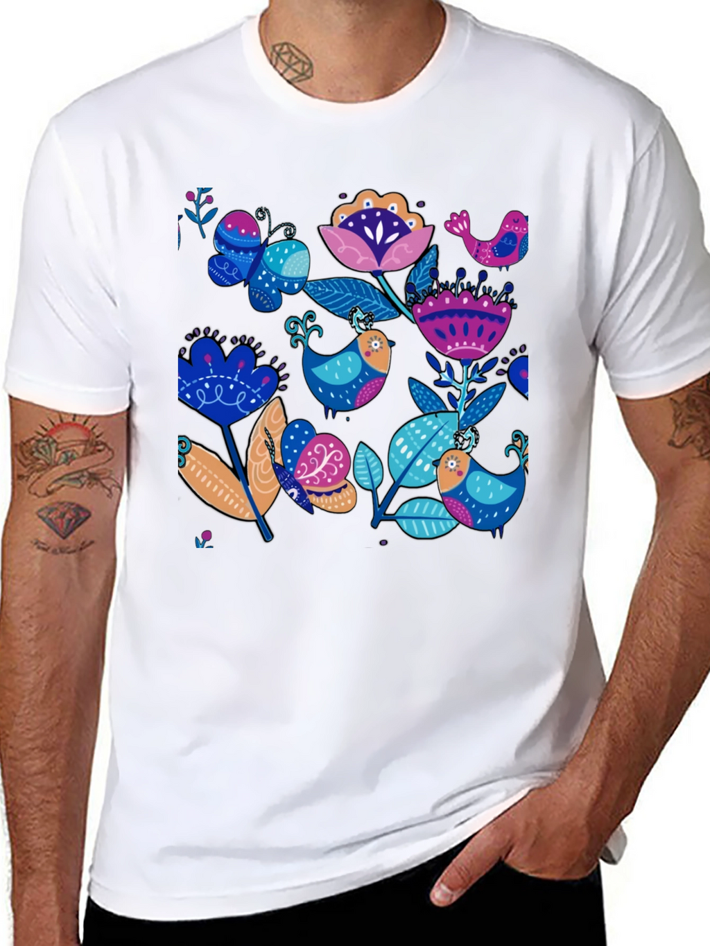 Floral Bird Print Black T-Shirt