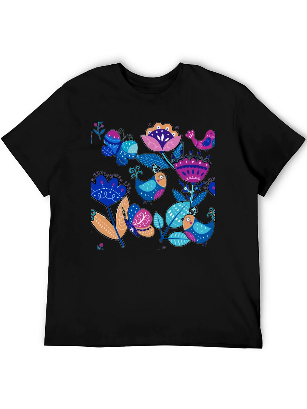 Floral Bird Print Black T-Shirt