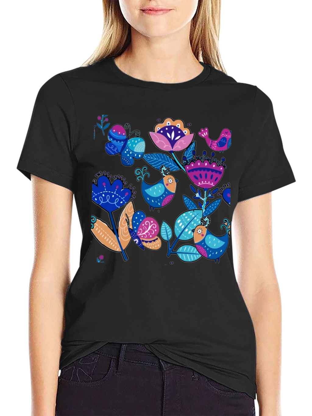Floral Bird Print Black T-Shirt