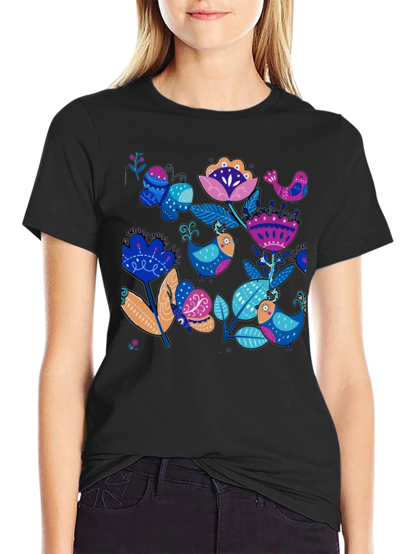 Floral Bird Print Black T-Shirt