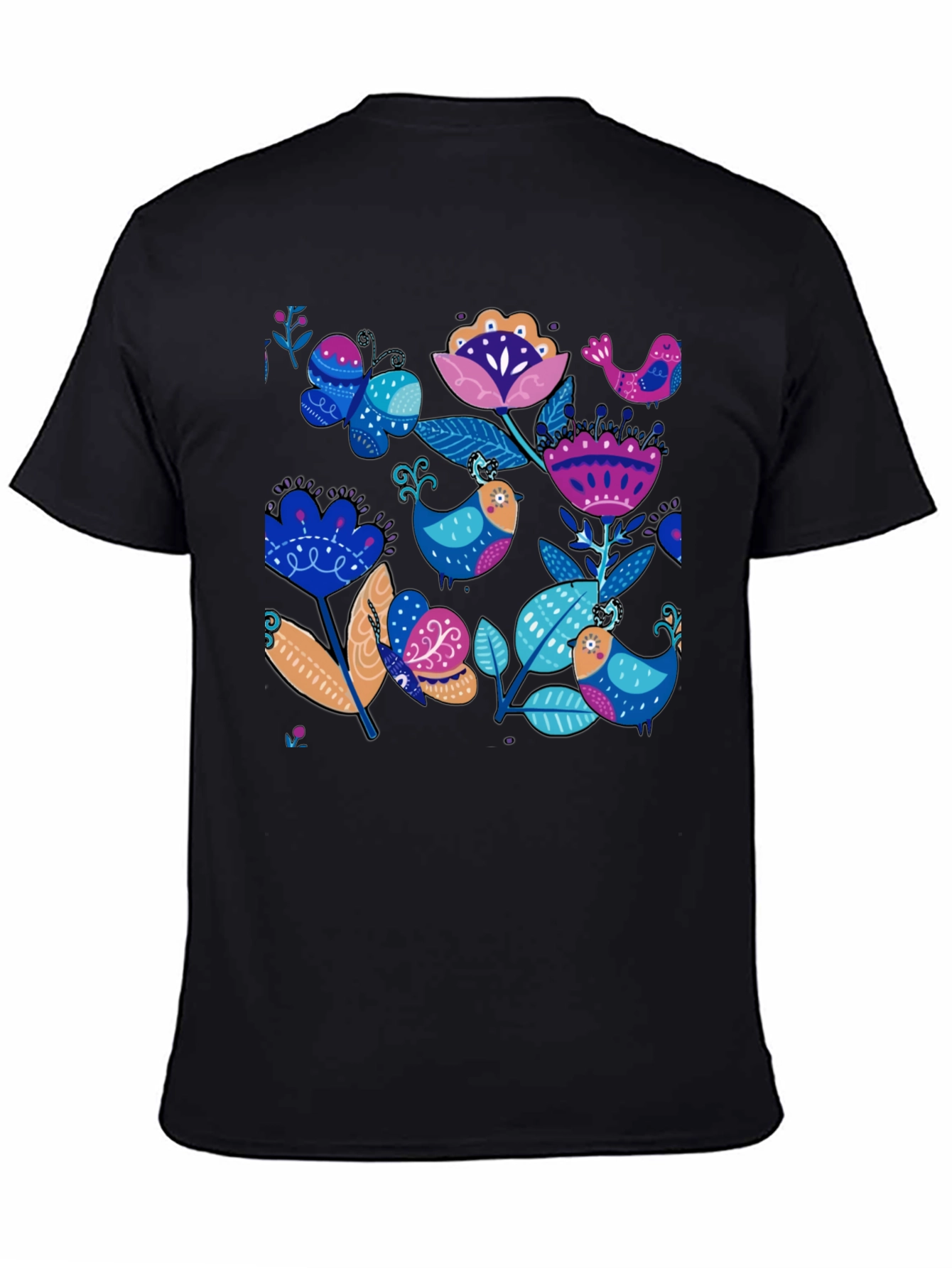 Floral Bird Print Black T-Shirt