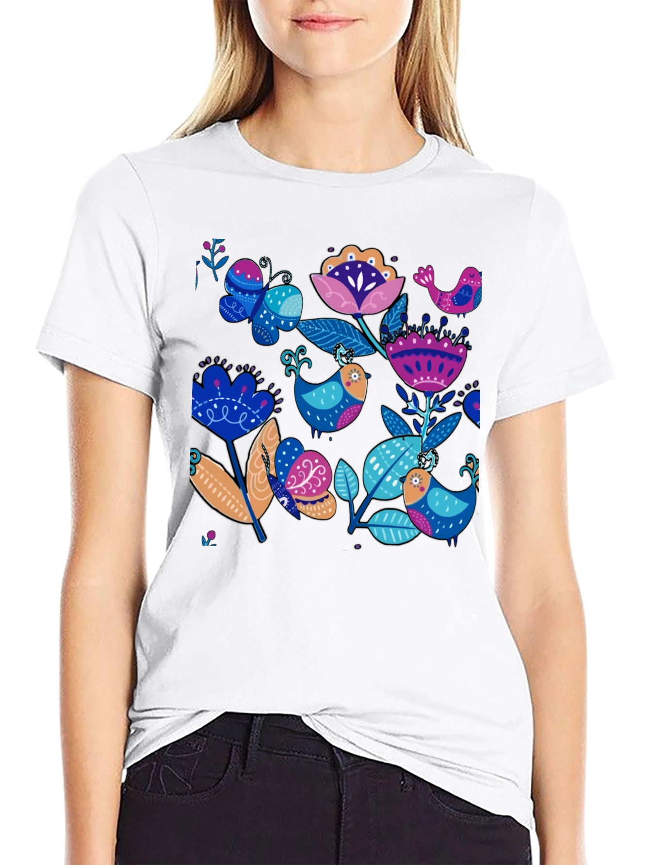 Floral Bird Print Black T-Shirt