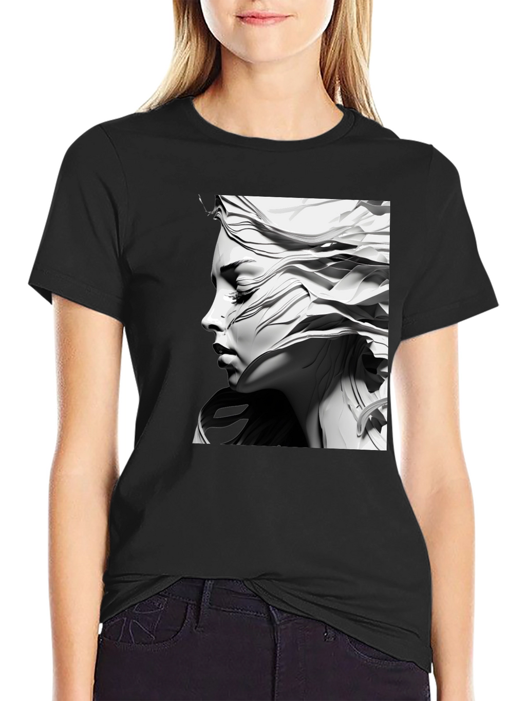 Artistic Woman Graphic Tee - Black Cotton Comfort