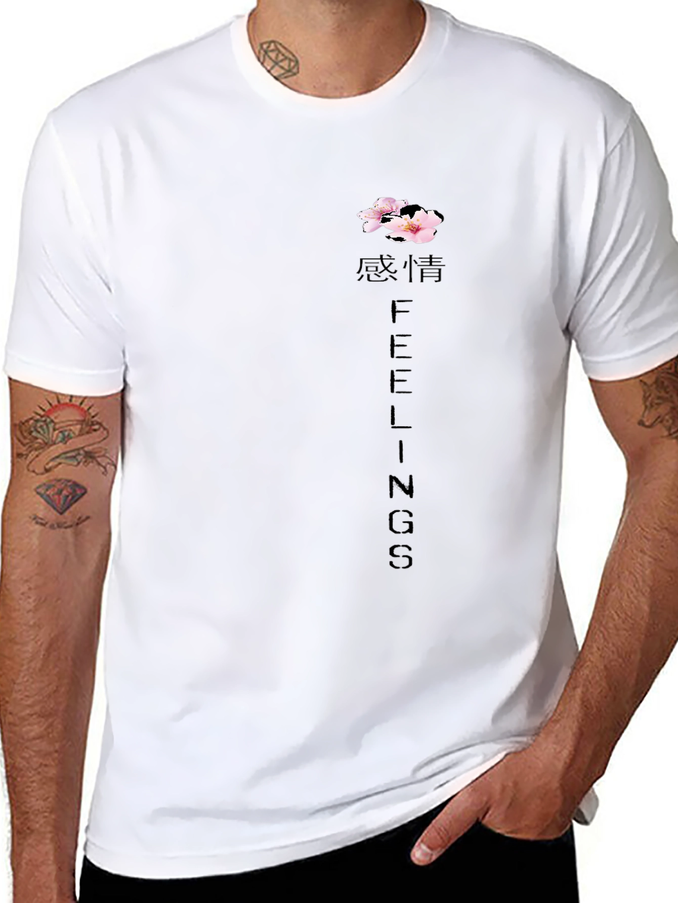 Black Graphic Tee - Feelings Text and Floral Design