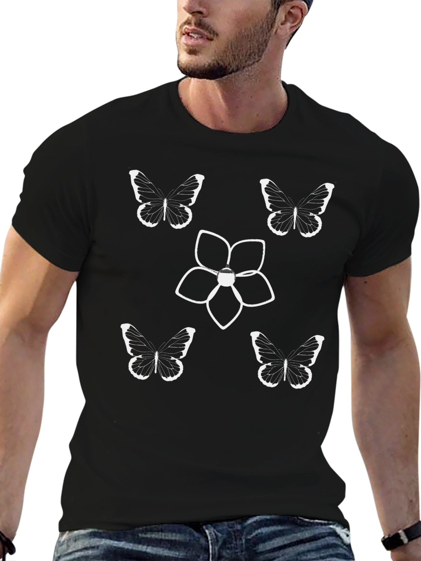 Butterfly & Flower Graphic Tee - Black Cotton Blend