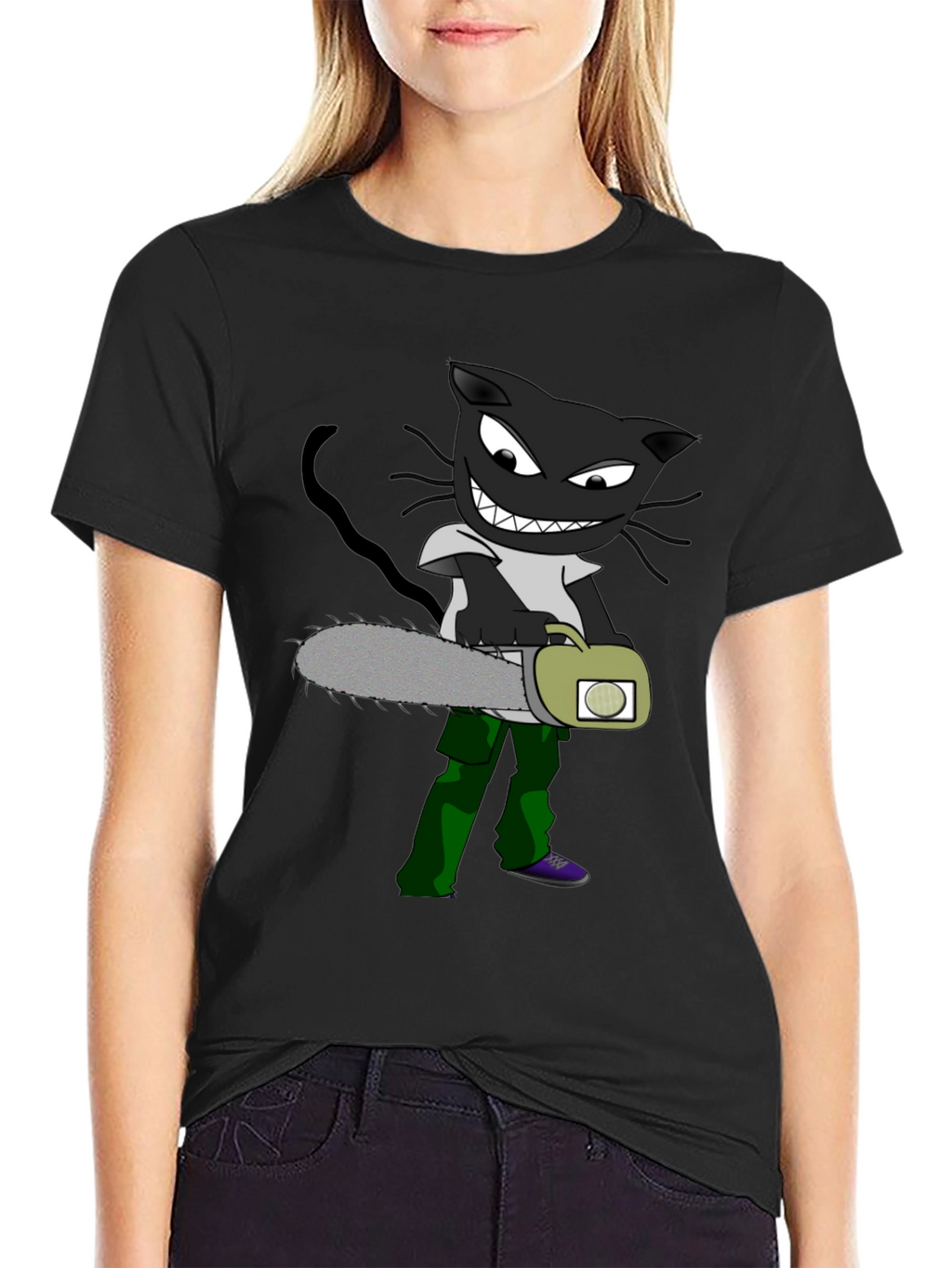 Cartoon Cat with Chainsaw Graphic Tee