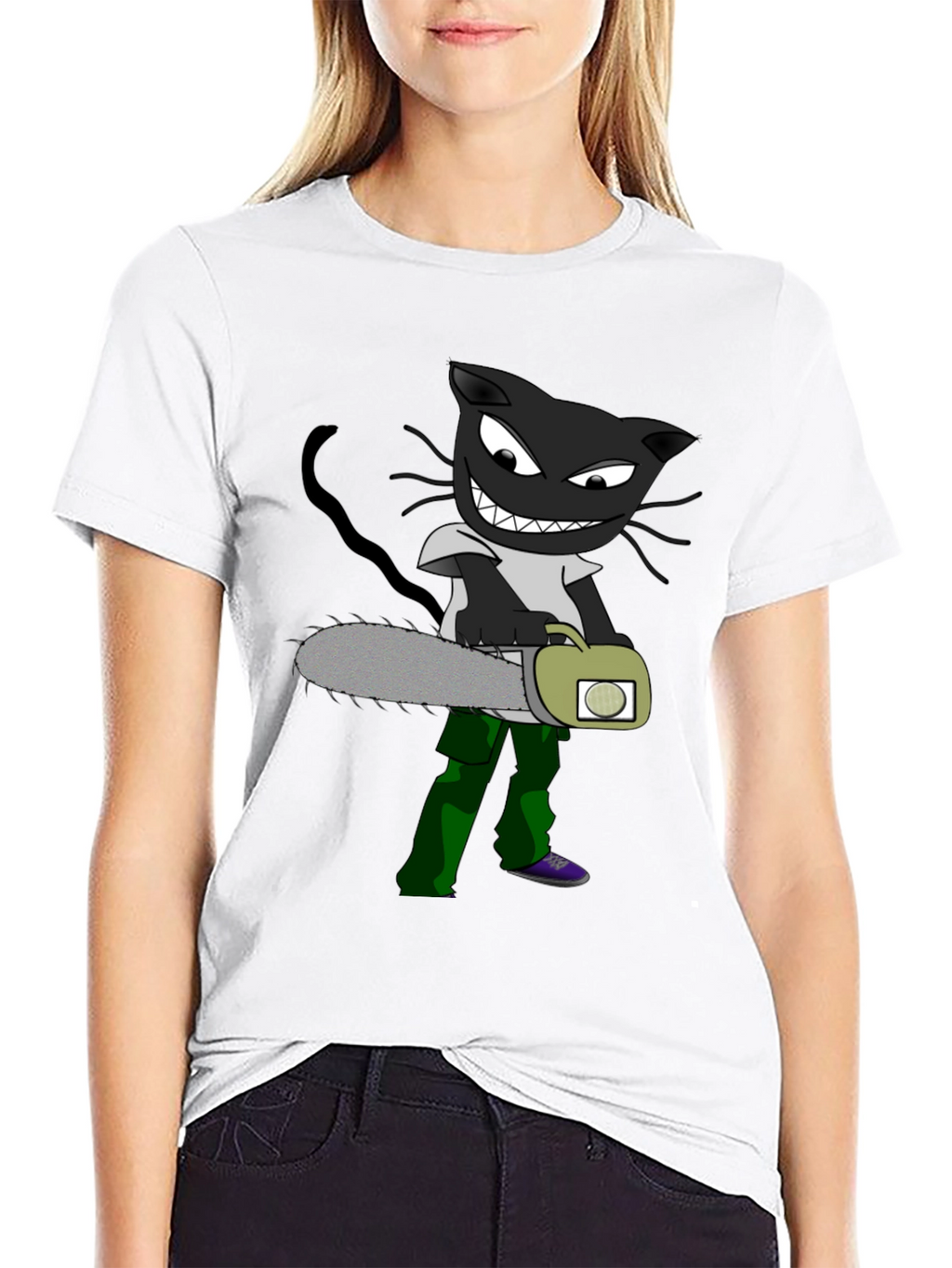 Cartoon Cat with Chainsaw Graphic Tee