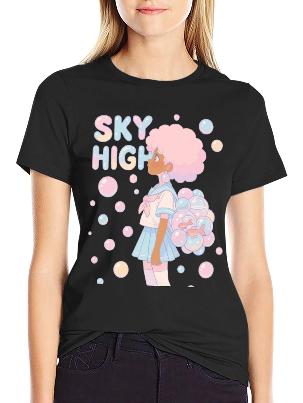 Sky High Bubble Girl Graphic Tee - Black Cotton