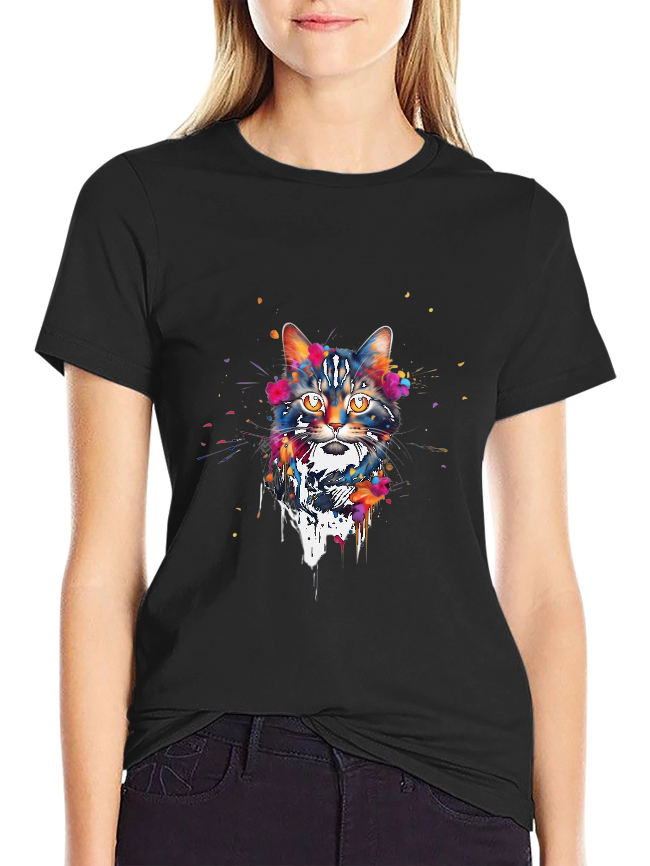 Watercolor Cat Print Black T-Shirt