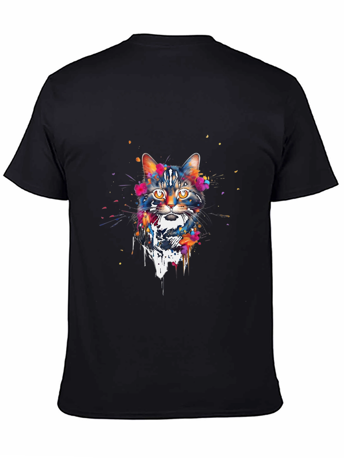 Watercolor Cat Print Black T-Shirt