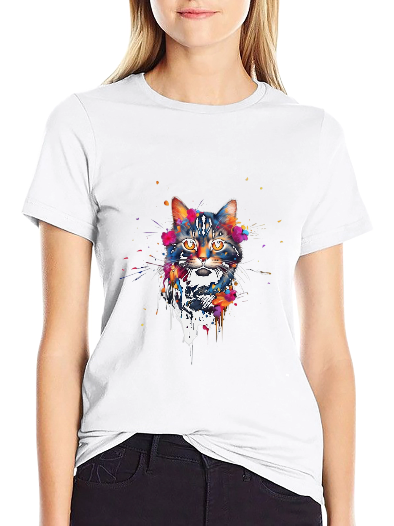 Watercolor Cat Print Black T-Shirt