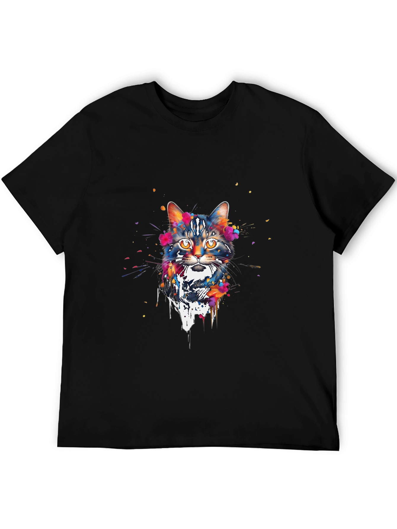 Watercolor Cat Print Black T-Shirt