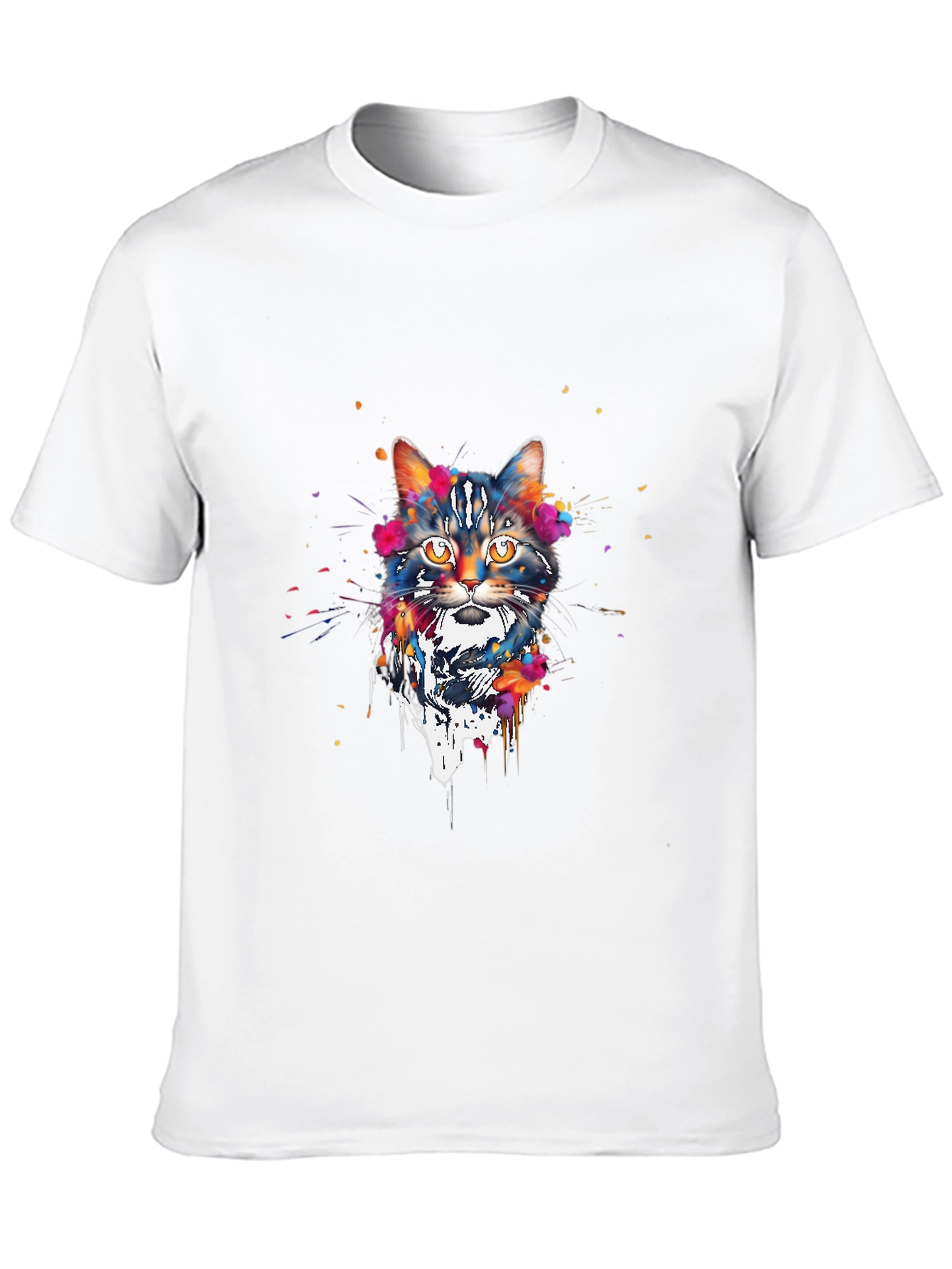 Watercolor Cat Print Black T-Shirt