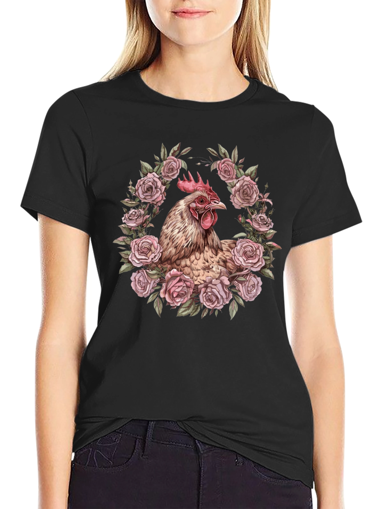 Chicken in Roses Graphic T-Shirt - Black