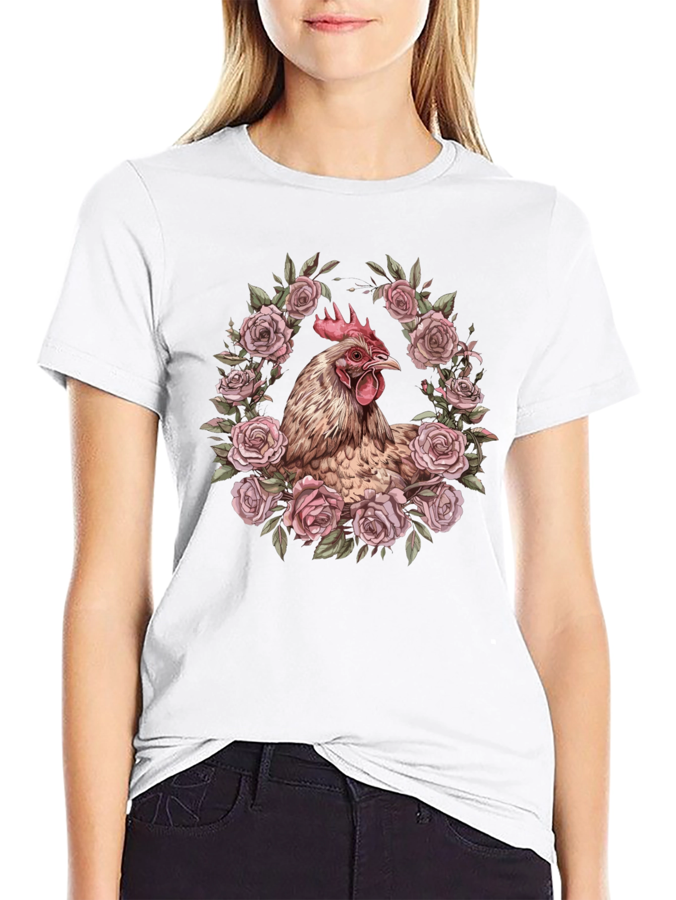 Chicken in Roses Graphic T-Shirt - Black