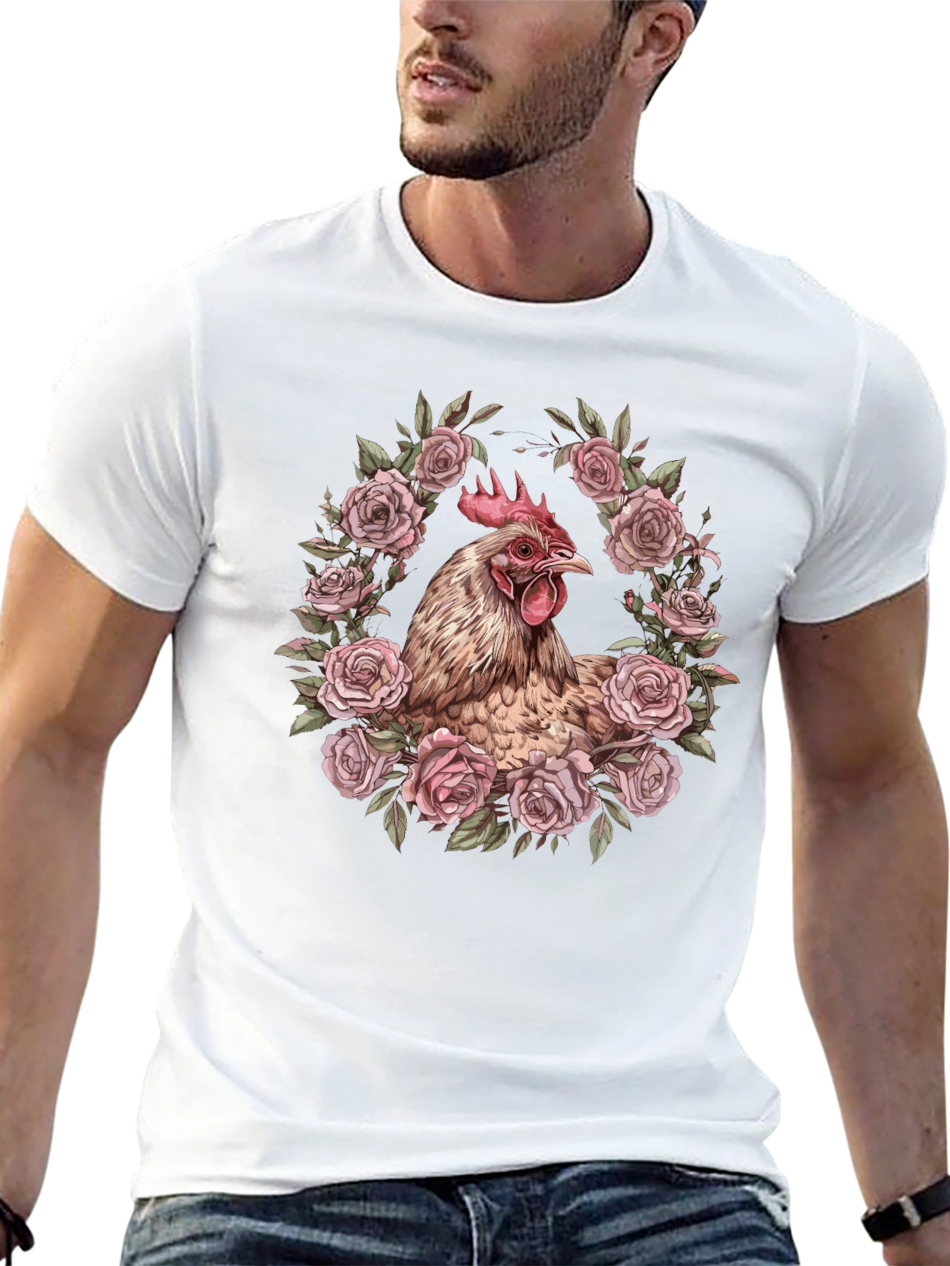 Chicken in Roses Graphic T-Shirt - Black