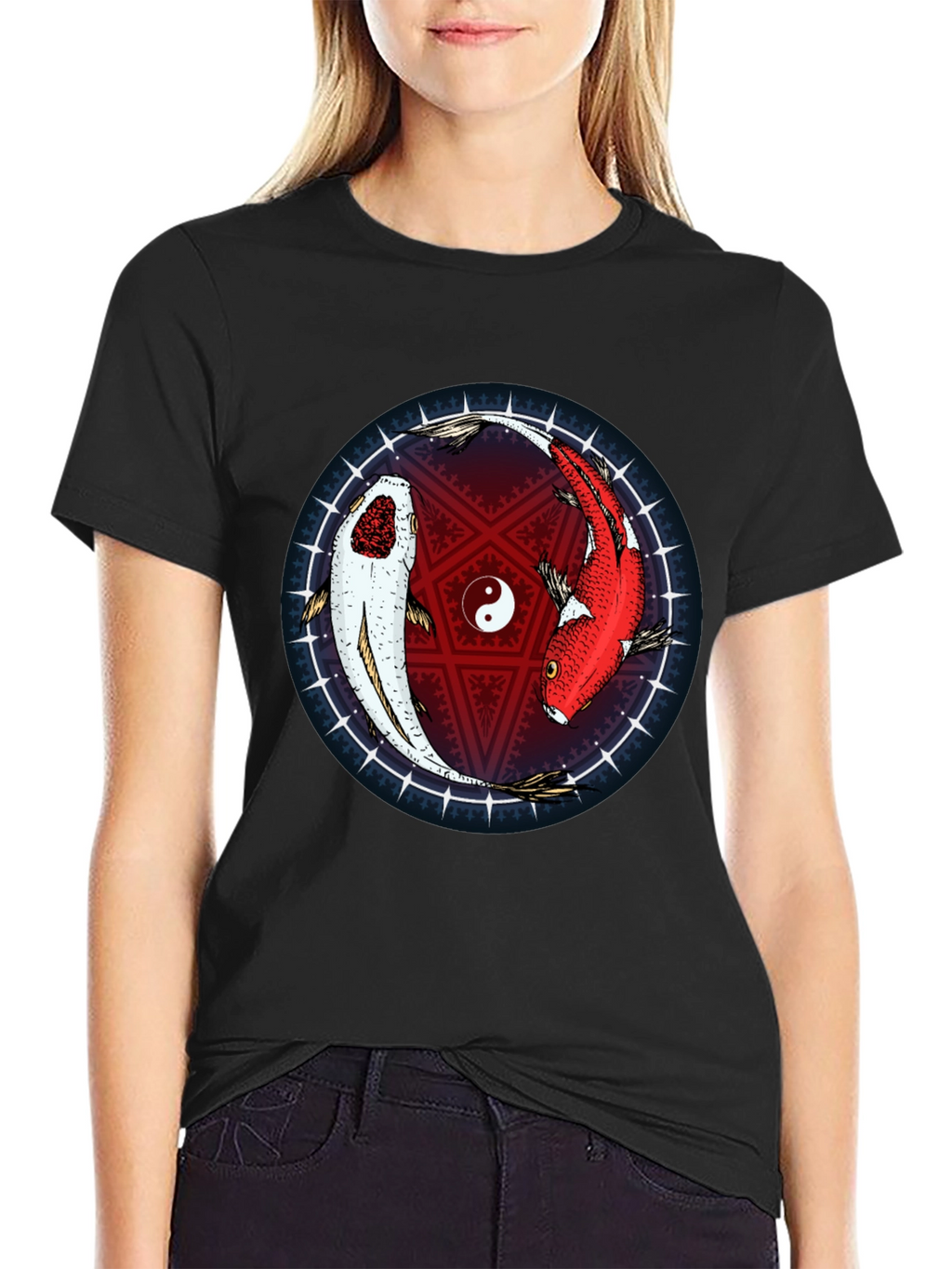 Yin Yang Koi Fish Graphic T-Shirt - Black