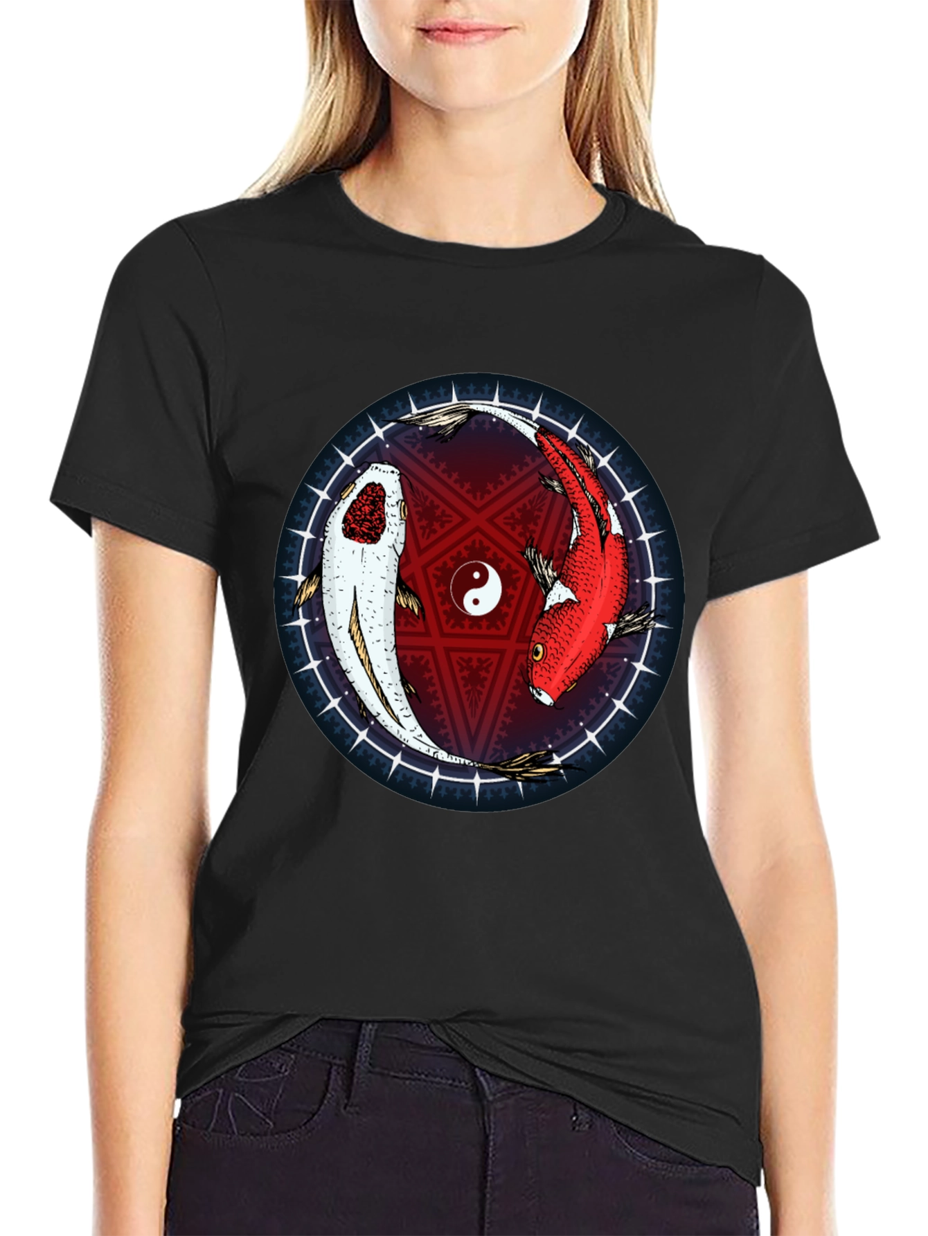 Yin Yang Koi Fish Graphic T-Shirt - Black