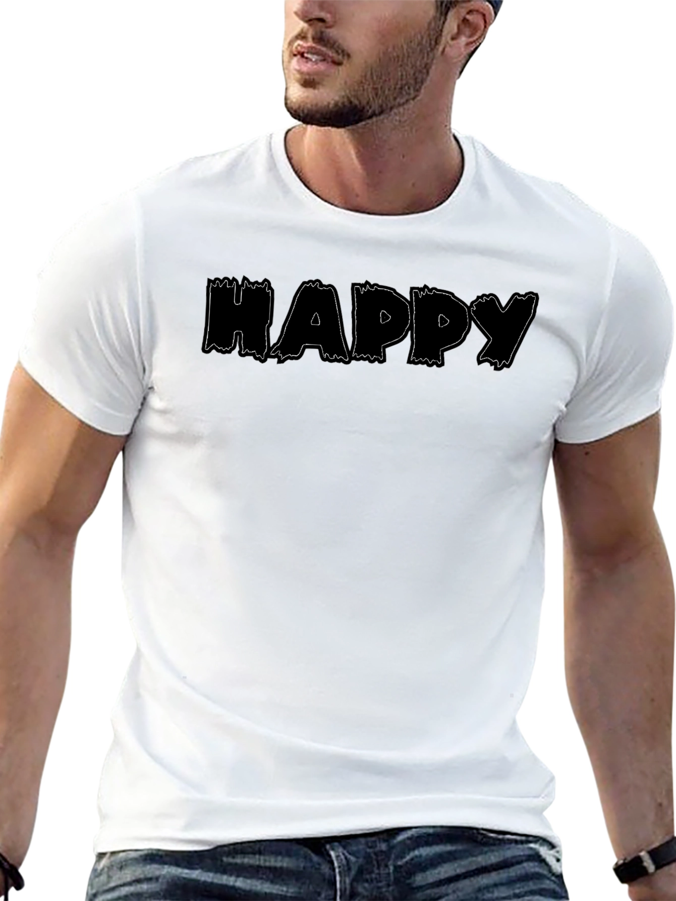 Happy Print Black Crew Neck T-Shirt