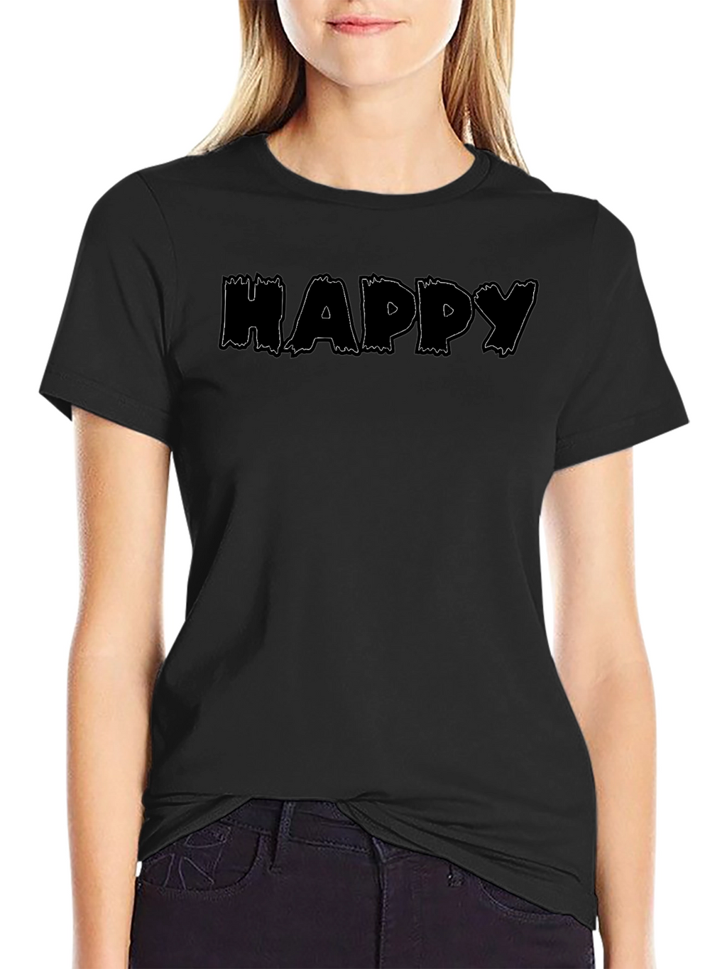 Happy Print Black Crew Neck T-Shirt