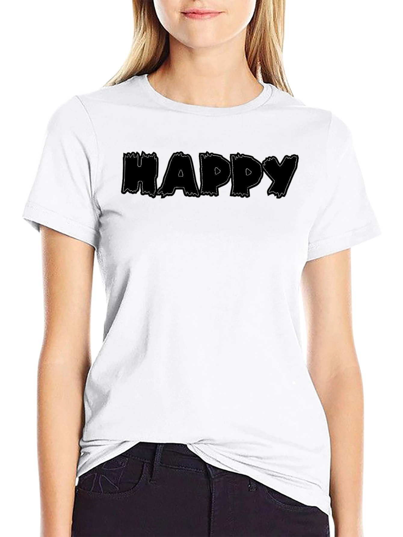 Happy Print Black Crew Neck T-Shirt