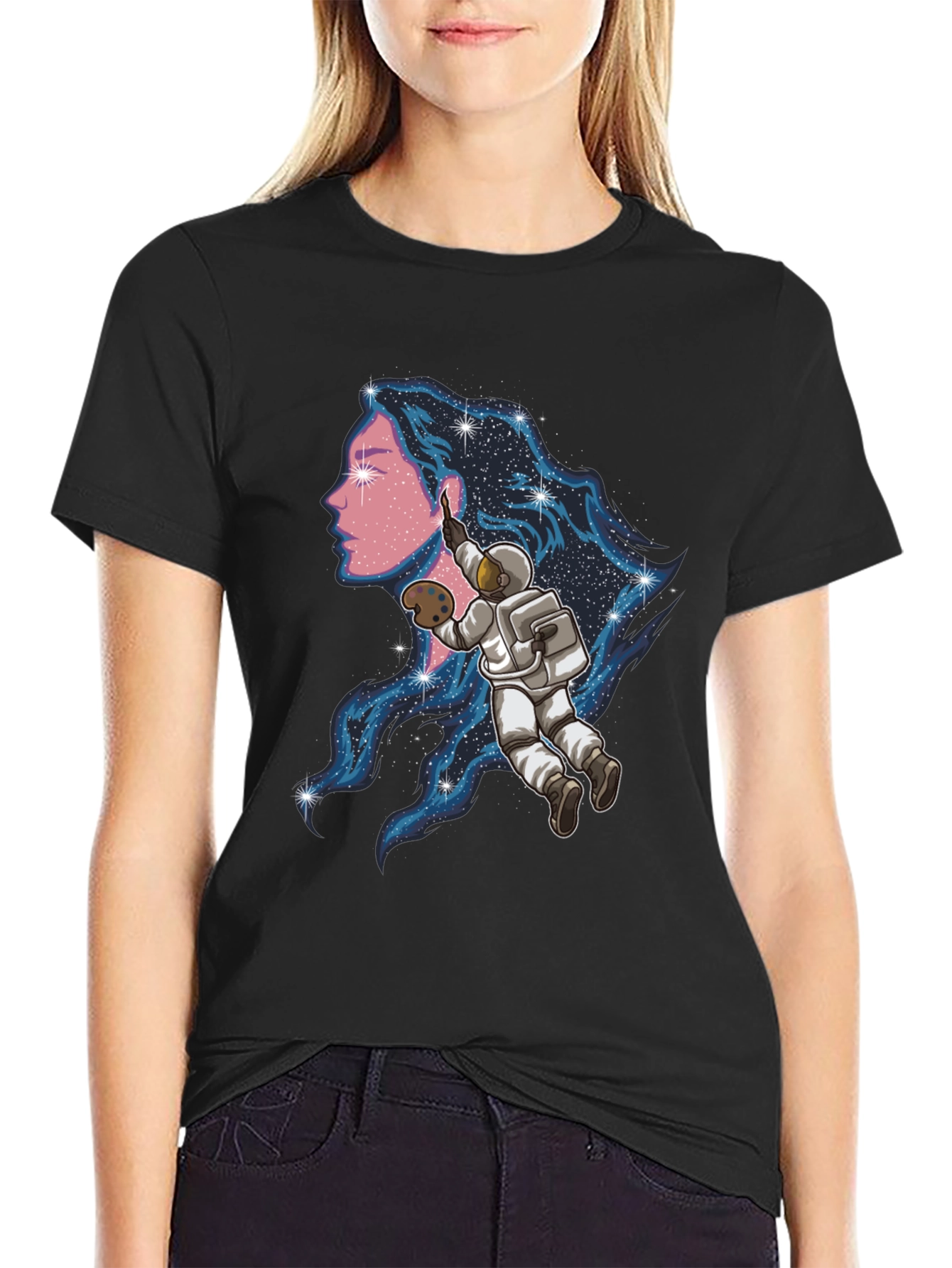 Astronaut Artist Graphic Tee - Black Cotton Blend