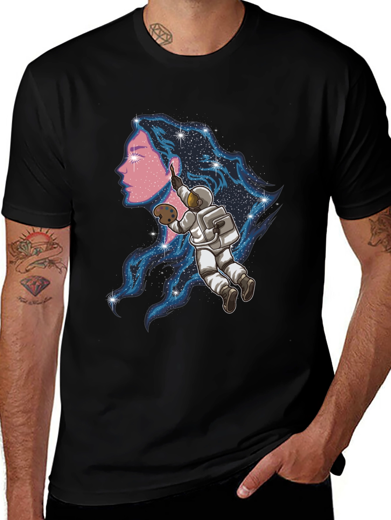 Astronaut Artist Graphic Tee - Black Cotton Blend