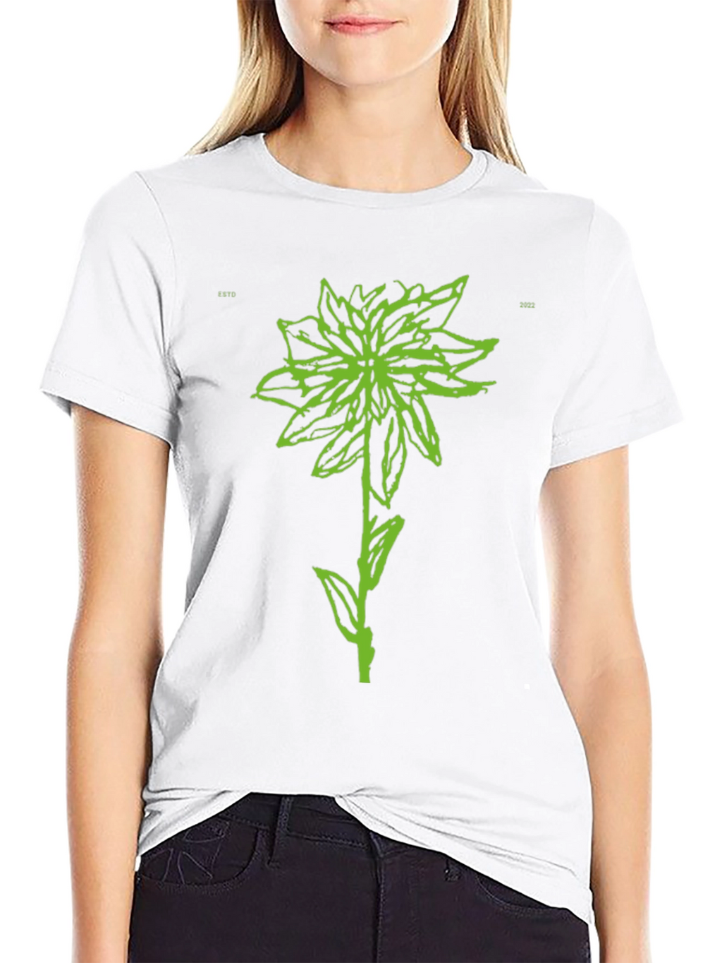 Green Flower Graphic Black T-Shirt