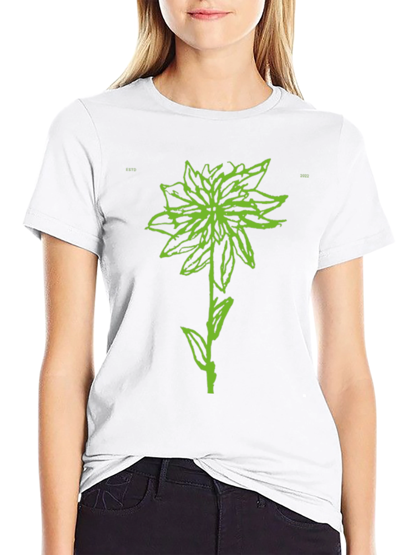 Green Flower Graphic Black T-Shirt