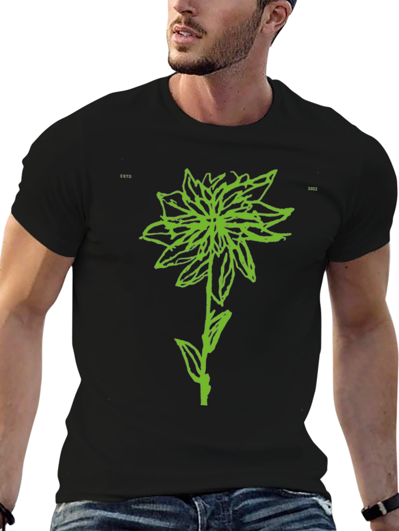 Green Flower Graphic Black T-Shirt