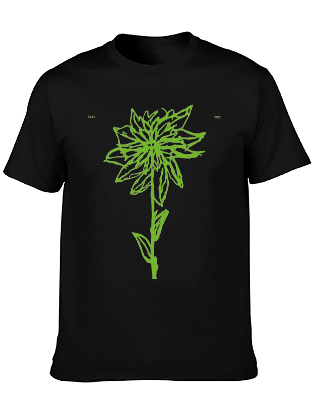 Green Flower Graphic Black T-Shirt