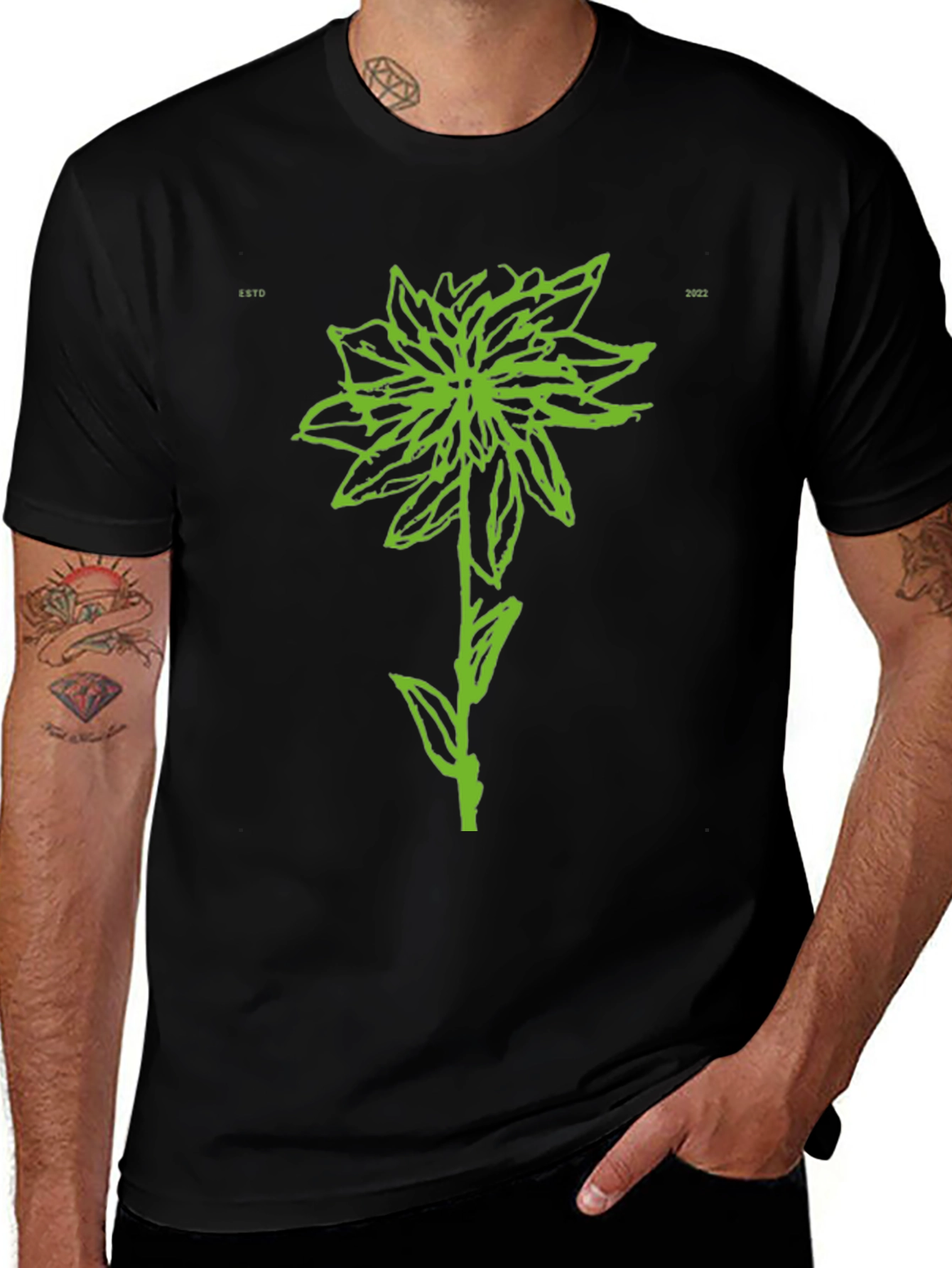 Green Flower Graphic Black T-Shirt