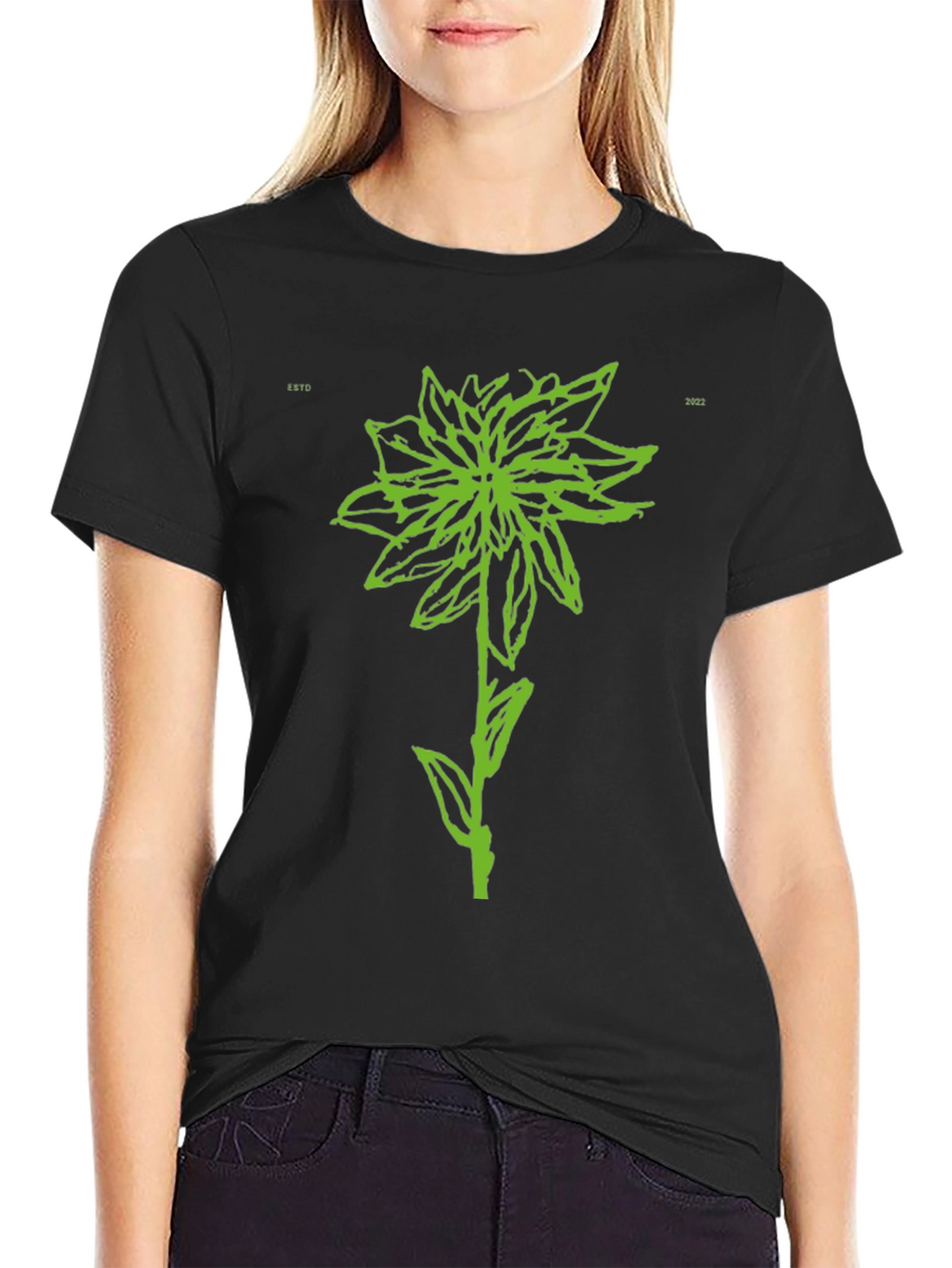 Green Flower Graphic Black T-Shirt