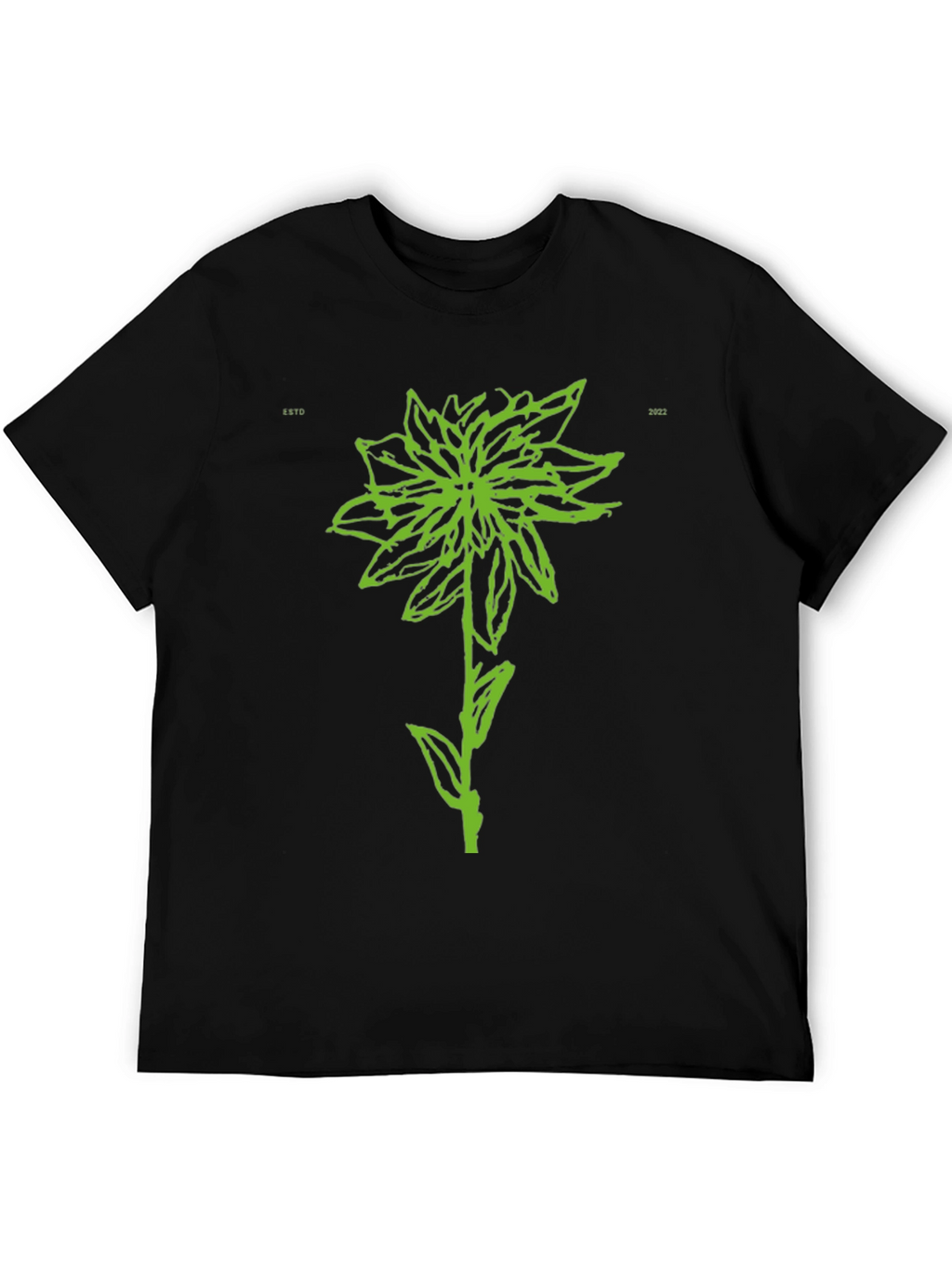 Green Flower Graphic Black T-Shirt