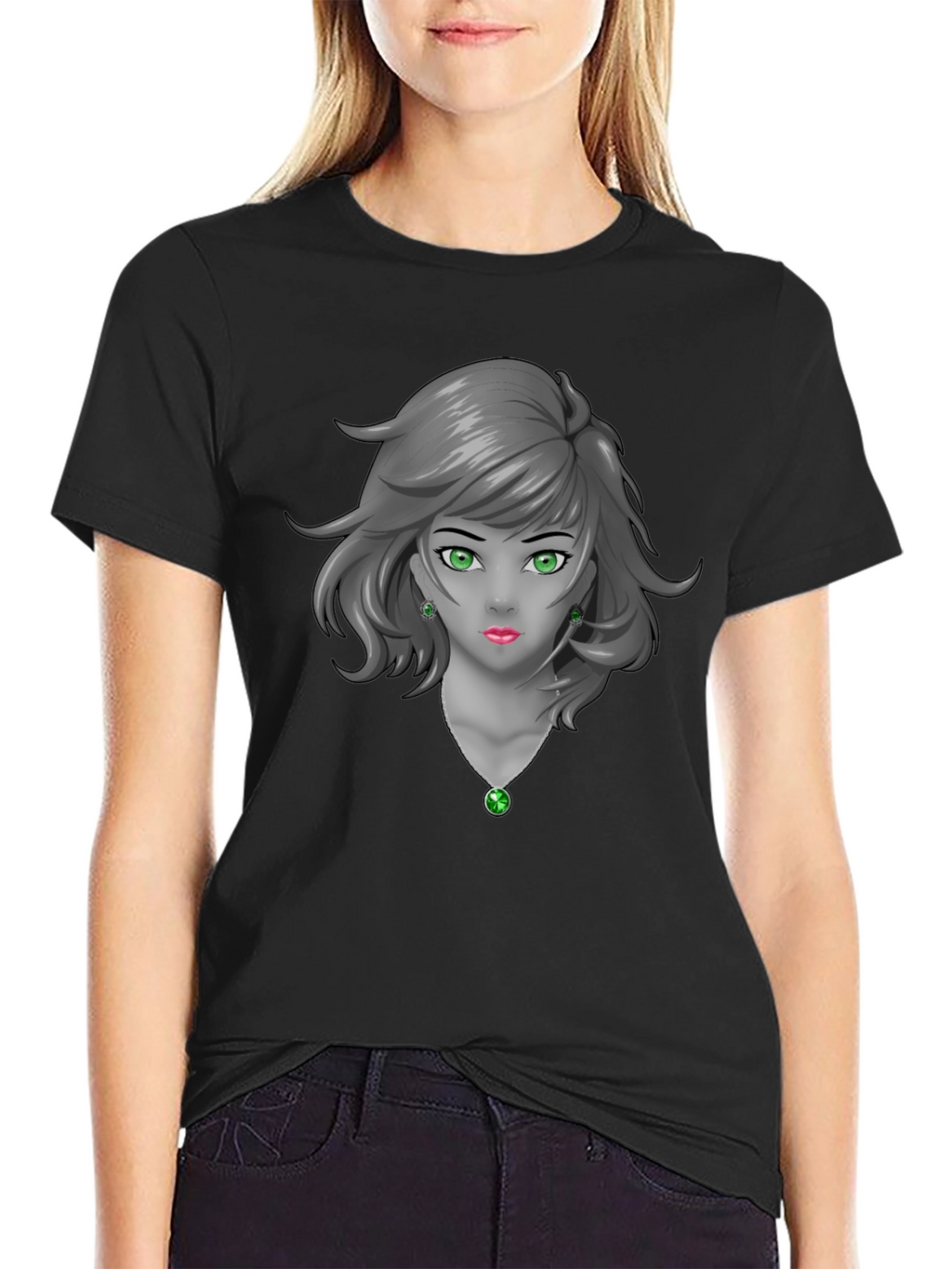 Anime Girl Graphic Tee - Emerald Accents