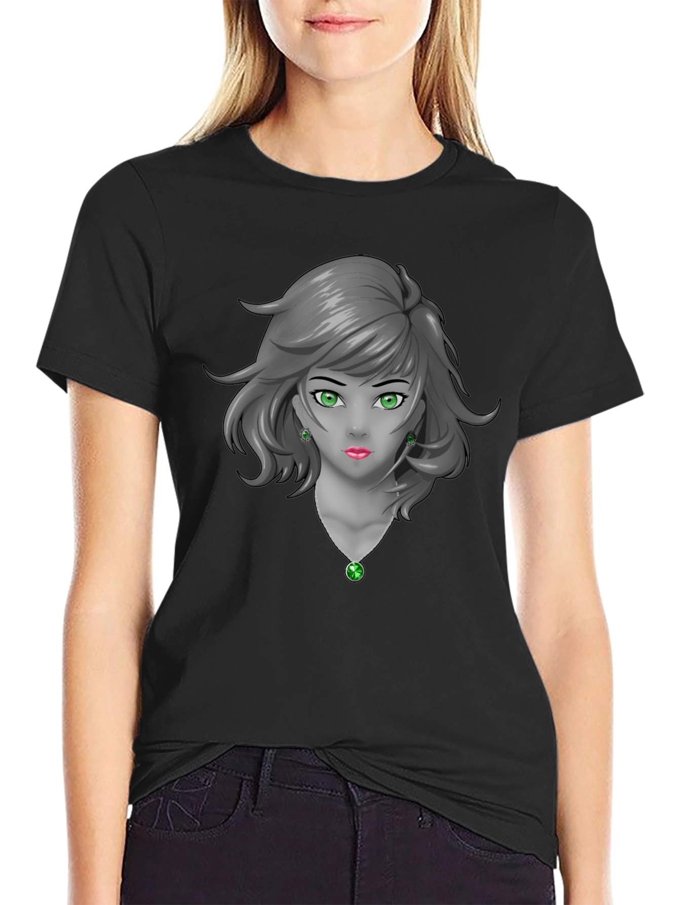Anime Girl Graphic Tee - Emerald Accents