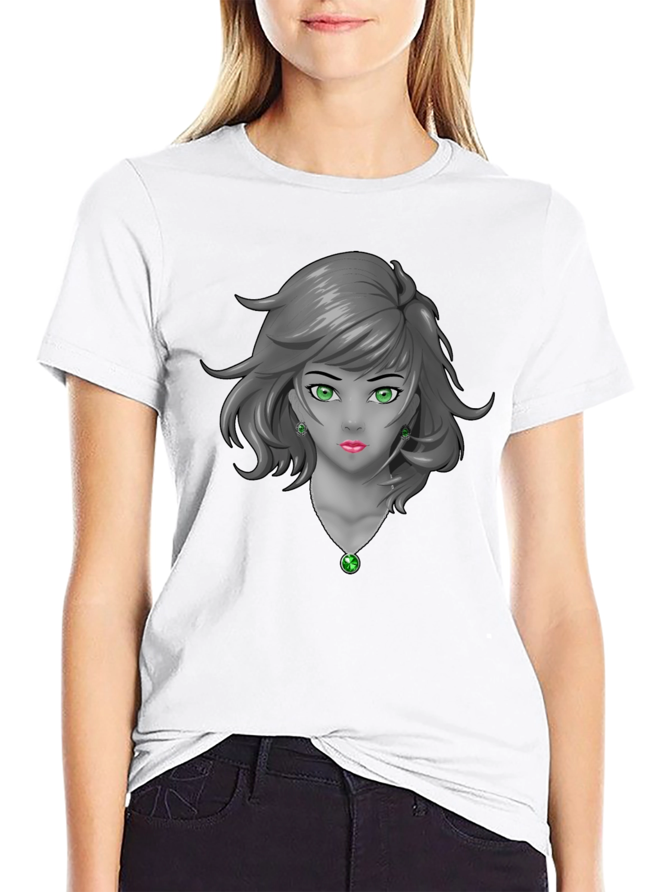 Anime Girl Graphic Tee - Emerald Accents