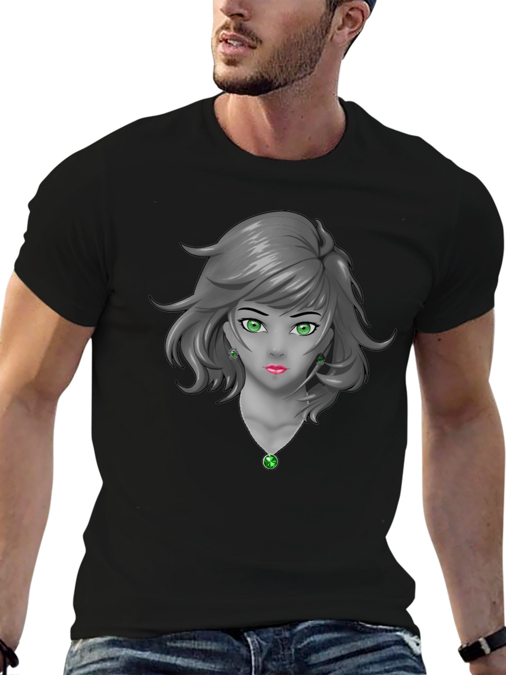 Anime Girl Graphic Tee - Emerald Accents