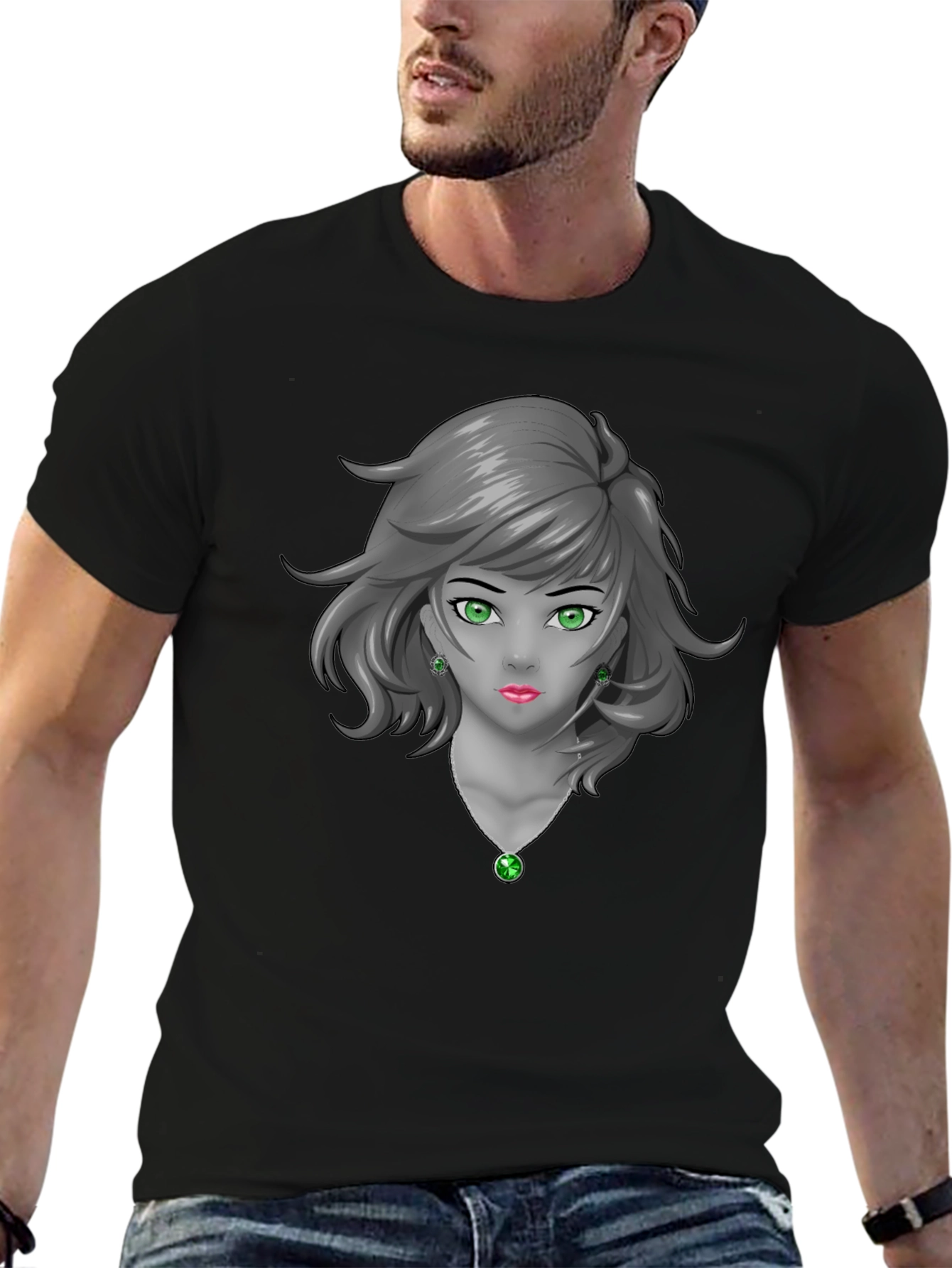 Anime Girl Graphic Tee - Emerald Accents