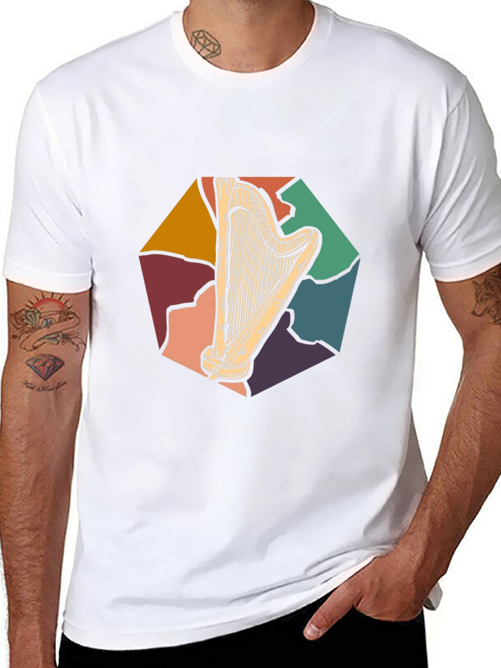 Retro Harp Graphic Tee - Musical Instrument T-Shirt