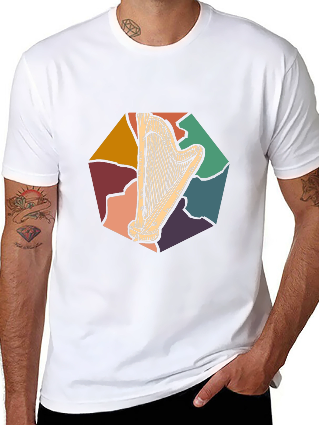 Retro Harp Graphic Tee - Musical Instrument T-Shirt