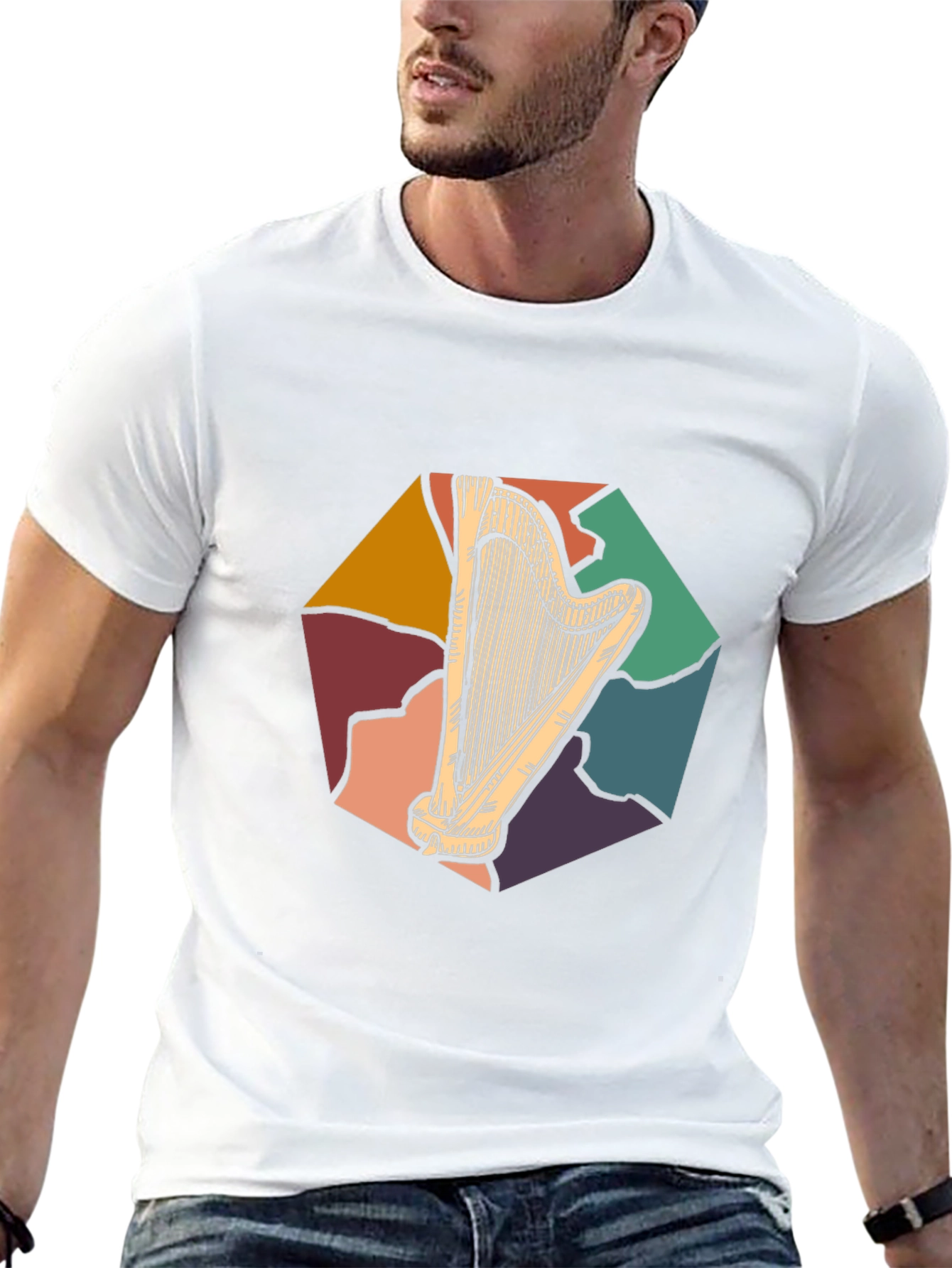Retro Harp Graphic Tee - Musical Instrument T-Shirt