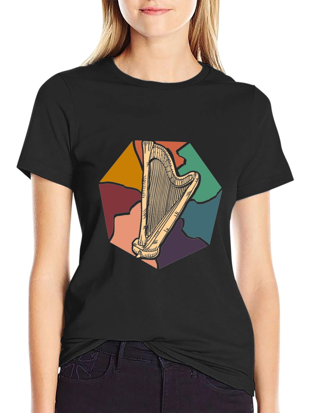 Retro Harp Graphic Tee - Musical Instrument T-Shirt