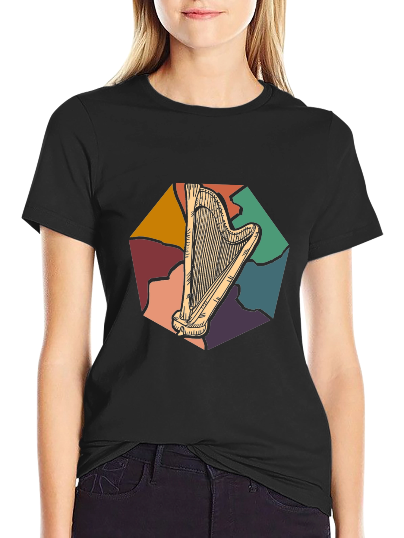 Retro Harp Graphic Tee - Musical Instrument T-Shirt