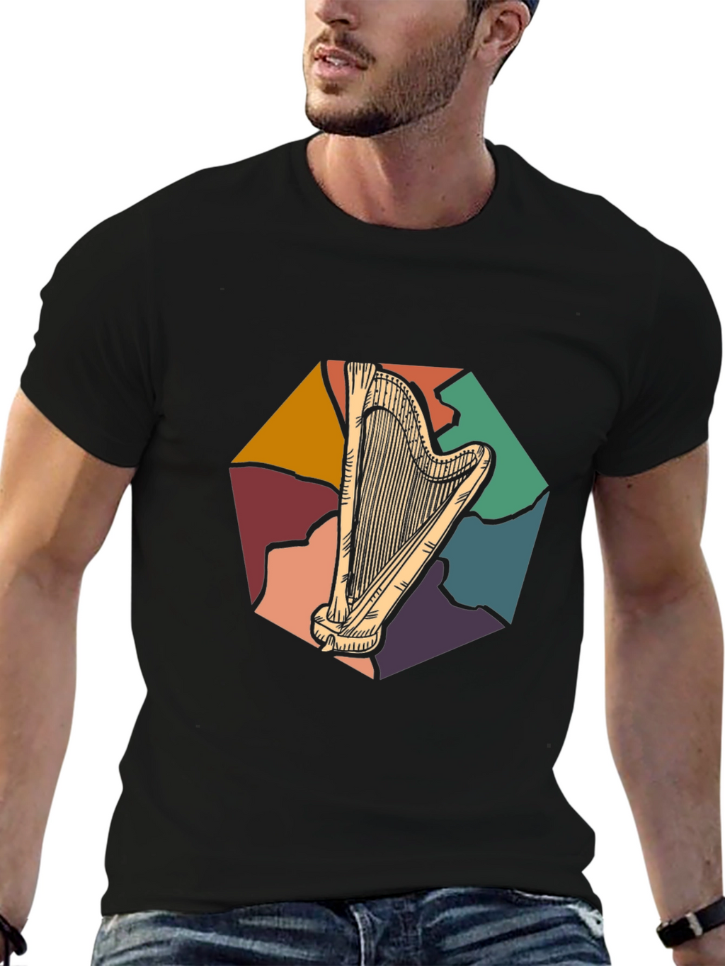 Retro Harp Graphic Tee - Musical Instrument T-Shirt